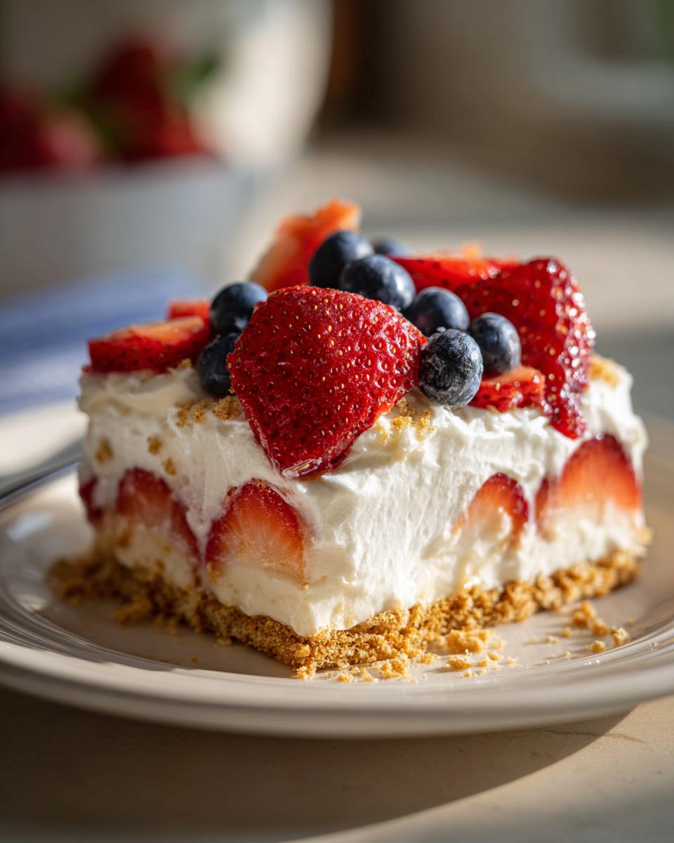 A slice of Red White Blue Icebox Cake with fresh strawberries and blueberries on top.