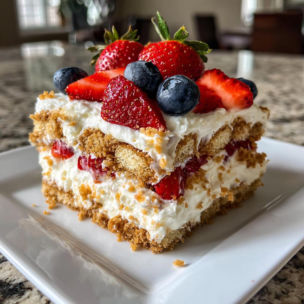 A slice of Red White Blue Icebox Cake topped with fresh strawberries and blueberries, perfect for Fourth of July Desserts.