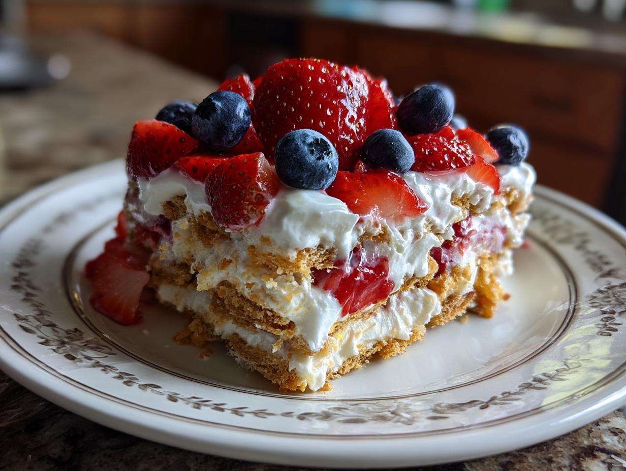 A slice of red, white, and blue icebox cake topped with fresh strawberries and blueberries.