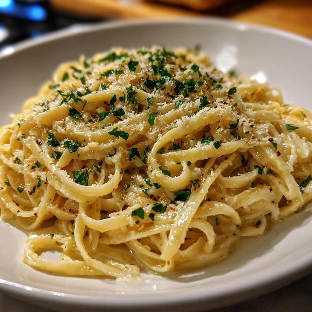 A close-up of creamy fettuccine pasta tossed in a rich Alfredo sauce, topped with grated Parmesan and fresh parsley.