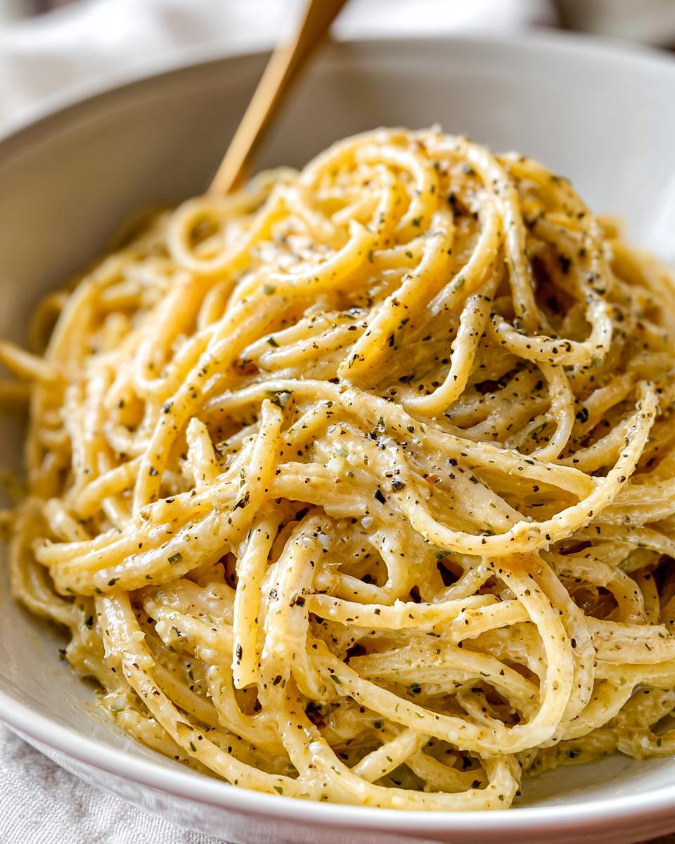 A close-up of a bowl of spaghetti tossed in a creamy roasted garlic alfredo sauce, seasoned with herbs and black pepper.