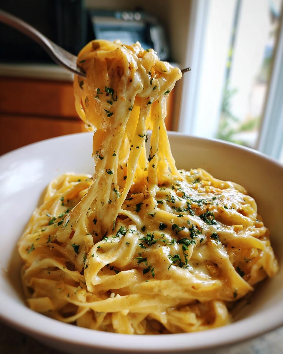 A fork lifts a swirl of fettuccine pasta coated in creamy Alfredo sauce with roasted garlic and parsley.