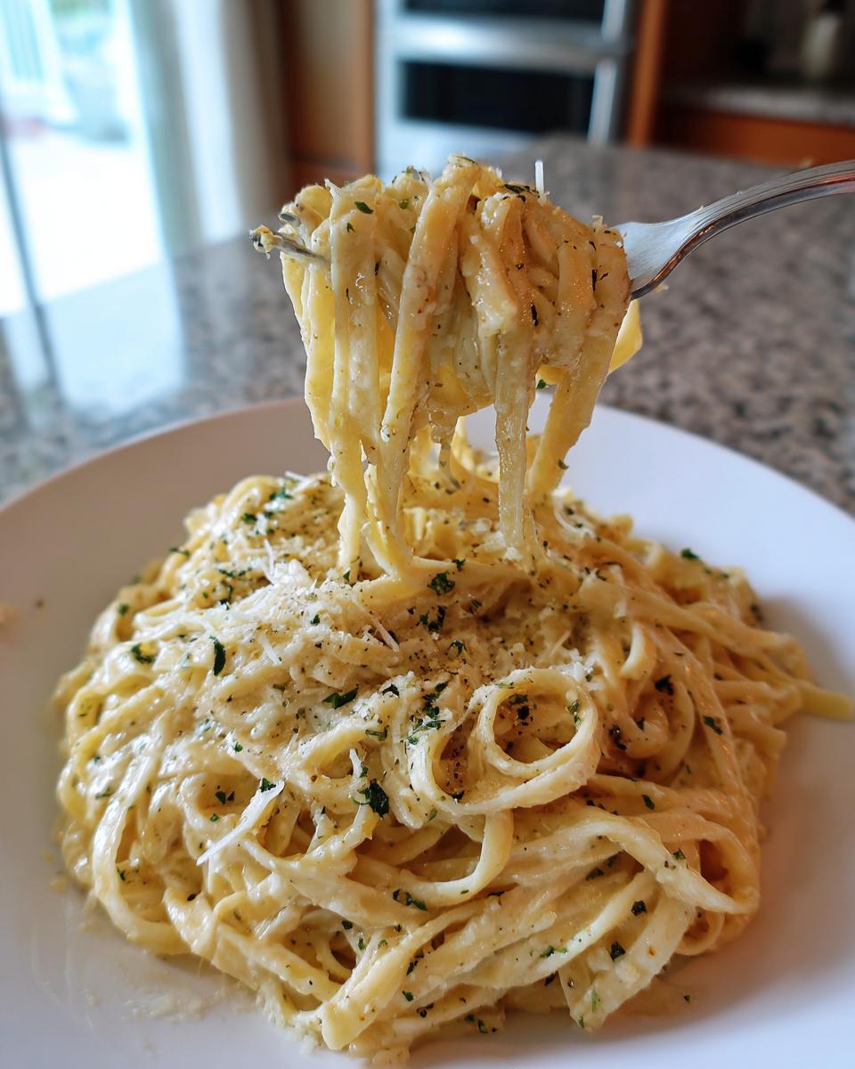 A fork lifting a swirl of fettuccine alfredo, covered in creamy sauce and sprinkled with herbs, from a white plate.
