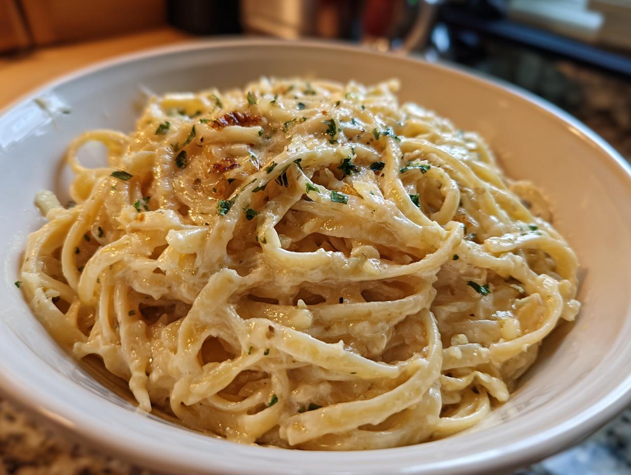 Close-up of creamy fettuccine alfredo pasta with roasted garlic and parsley, part of pasta recipes that turn roasted garlic into the best alfredo.