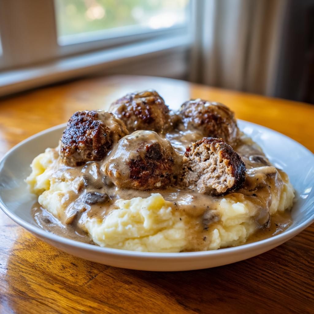 A close-up of Salisbury Steak Meatballs served over creamy Garlic Herb Mashed Potatoes, covered in a rich mushroom gravy.