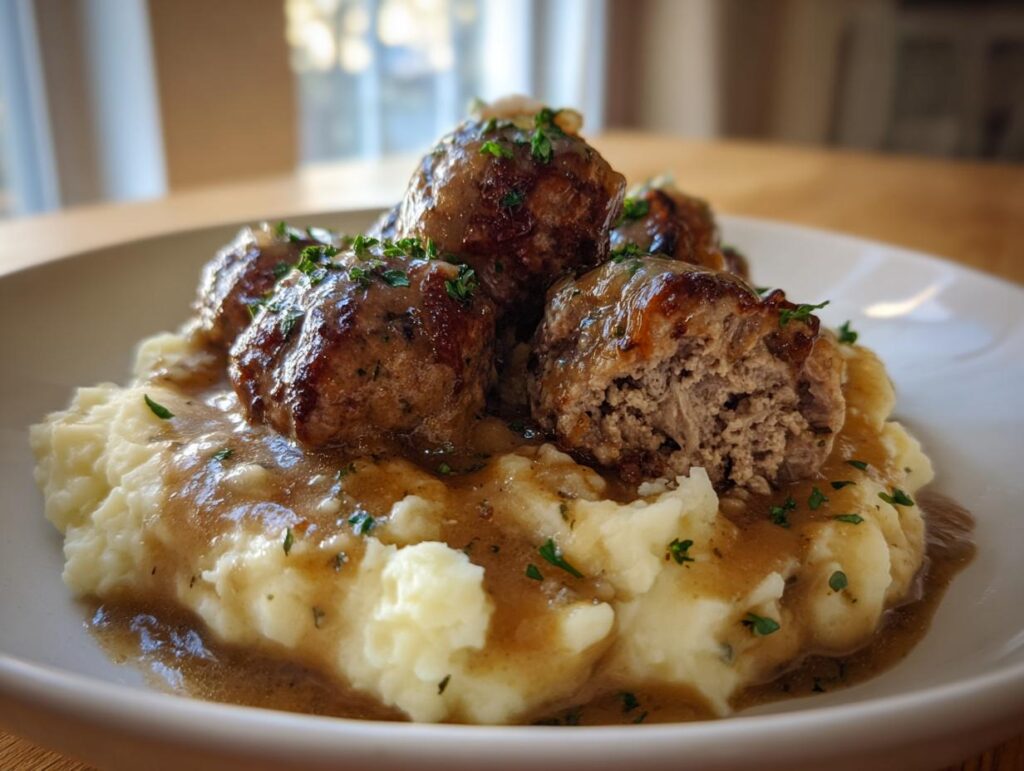 A plate of Salisbury Steak Meatballs served over creamy Garlic Herb Mashed Potatoes, drizzled with gravy and garnished with parsley.