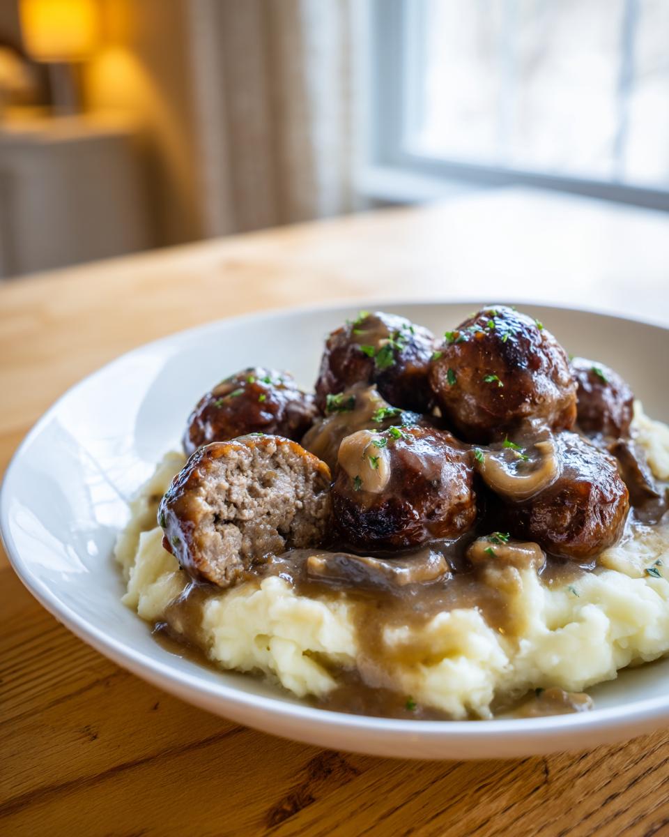A close-up of Salisbury steak meatballs served over creamy garlic herb mashed potatoes, with a rich mushroom gravy.