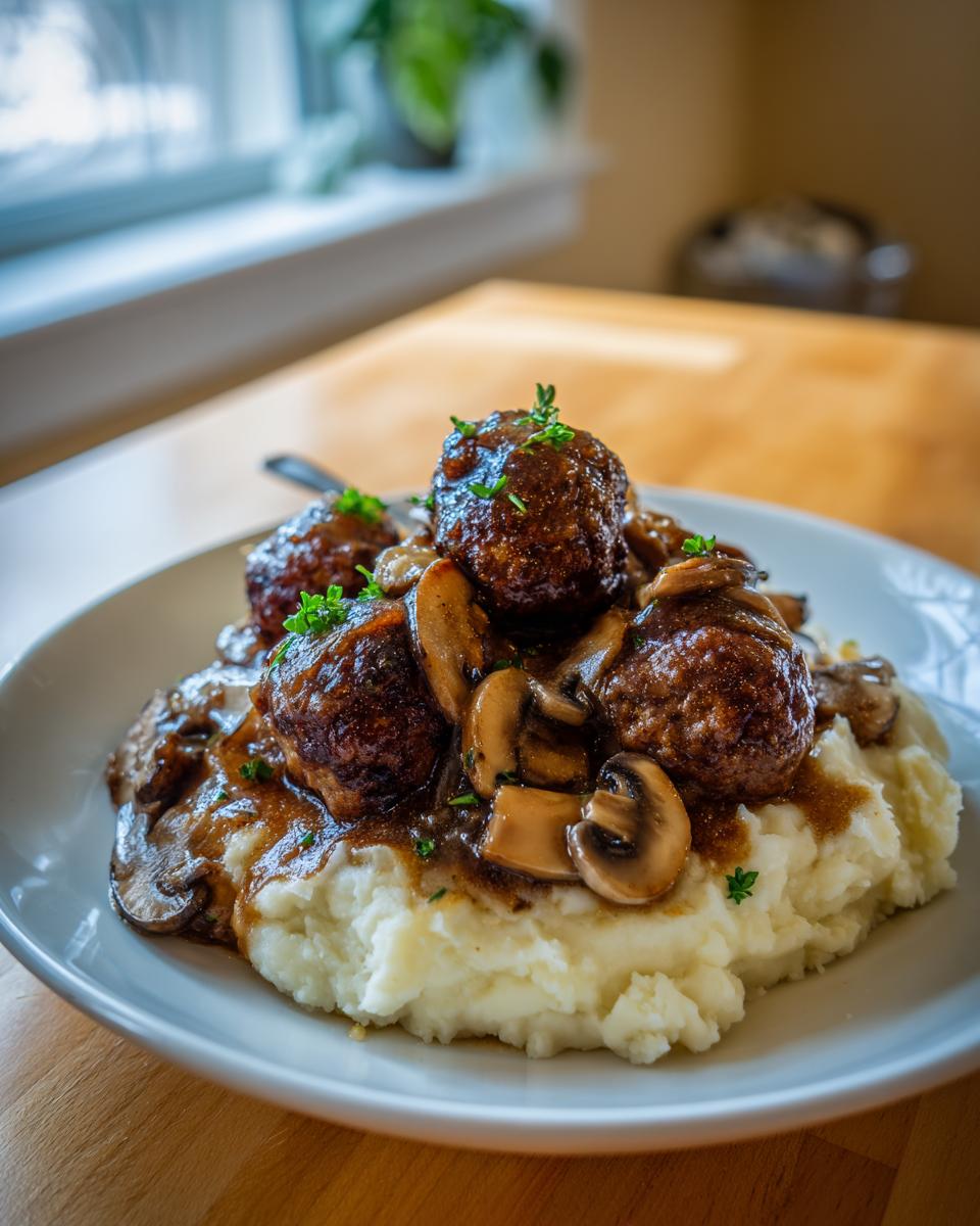 A plate of Salisbury Steak Meatballs served over creamy Garlic Herb Mashed Potatoes, topped with mushroom gravy and fresh herbs.
