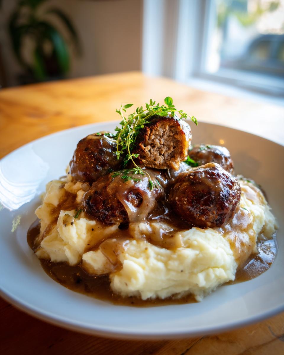Salisbury Steak Meatballs served over creamy Garlic Herb Mashed Potatoes, drizzled with rich brown gravy and garnished with fresh thyme.