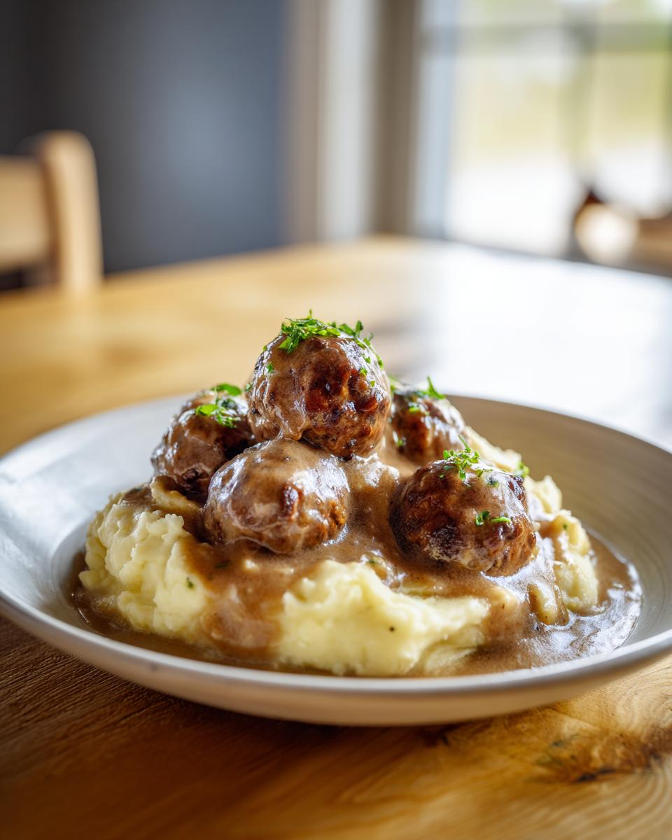 A bowl of Salisbury steak meatballs smothered in gravy, served atop creamy garlic herb mashed potatoes and garnished with parsley.