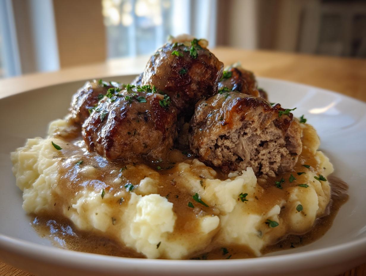 A plate of Salisbury Steak Meatballs served over creamy Garlic Herb Mashed Potatoes, drizzled with gravy and garnished with parsley.