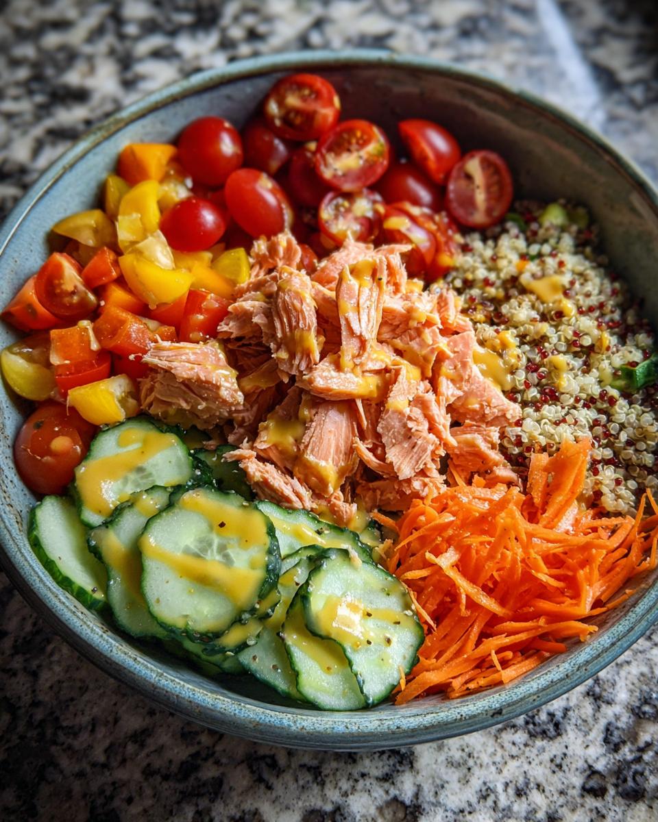 A vibrant power bowl featuring flaked salmon, quinoa, cherry tomatoes, cucumber slices, and shredded carrots, drizzled with dressing.