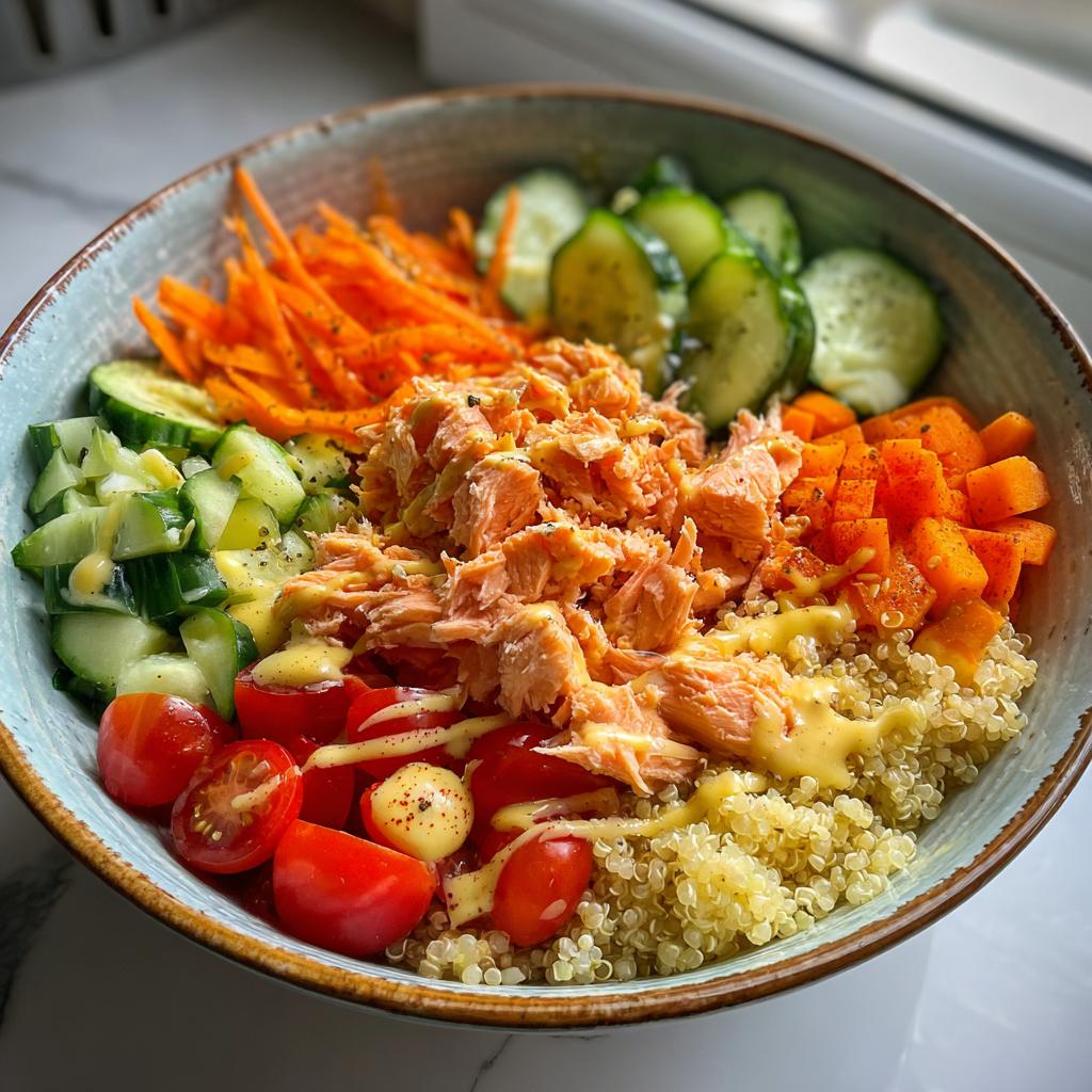 A vibrant salmon power bowl with quinoa, cucumber, tomatoes, carrots, and diced pumpkin, drizzled with a creamy dressing.