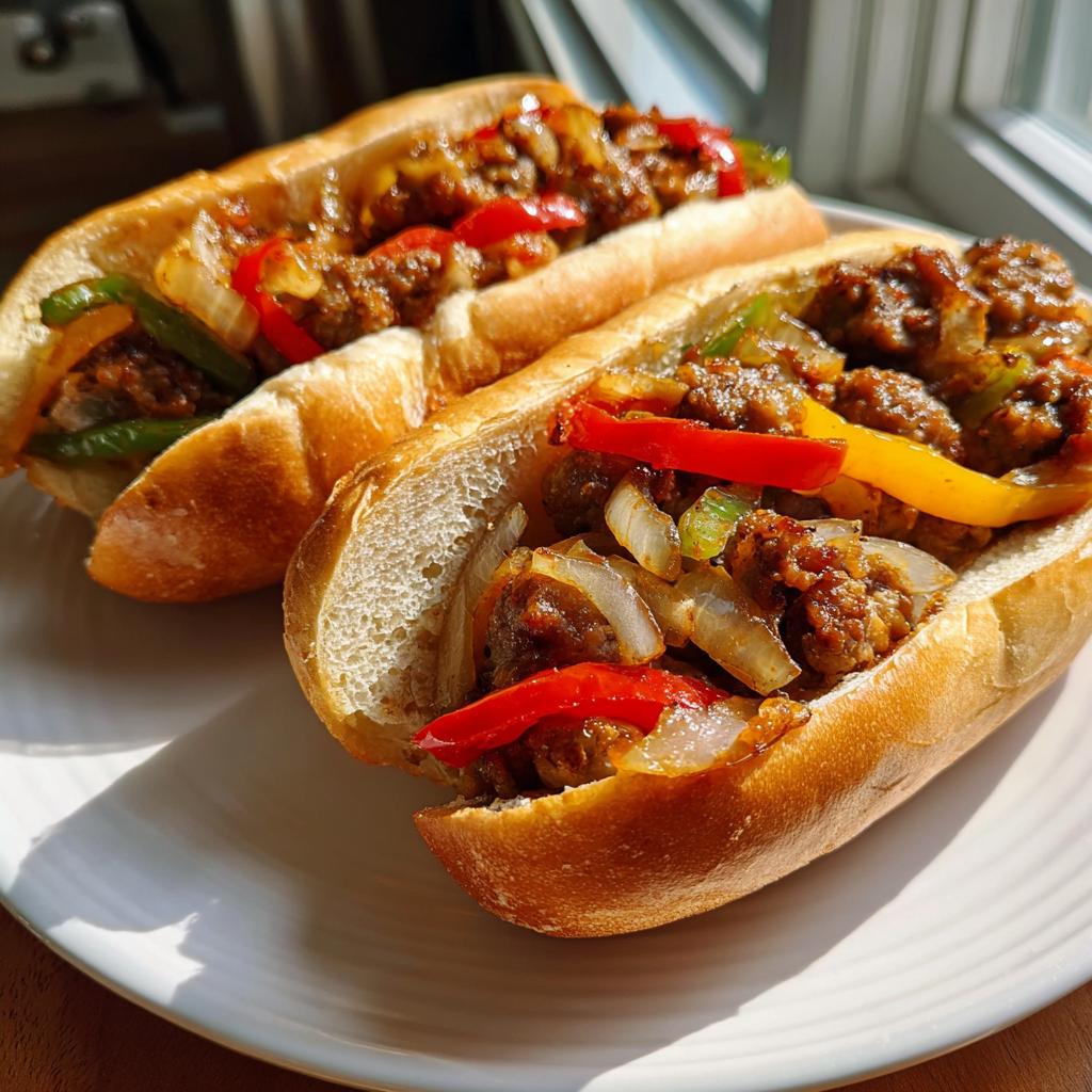 Two delicious sausage and peppers sandwiches on a white plate, showcasing the hearty filling of sausage, onions, and colorful bell peppers.