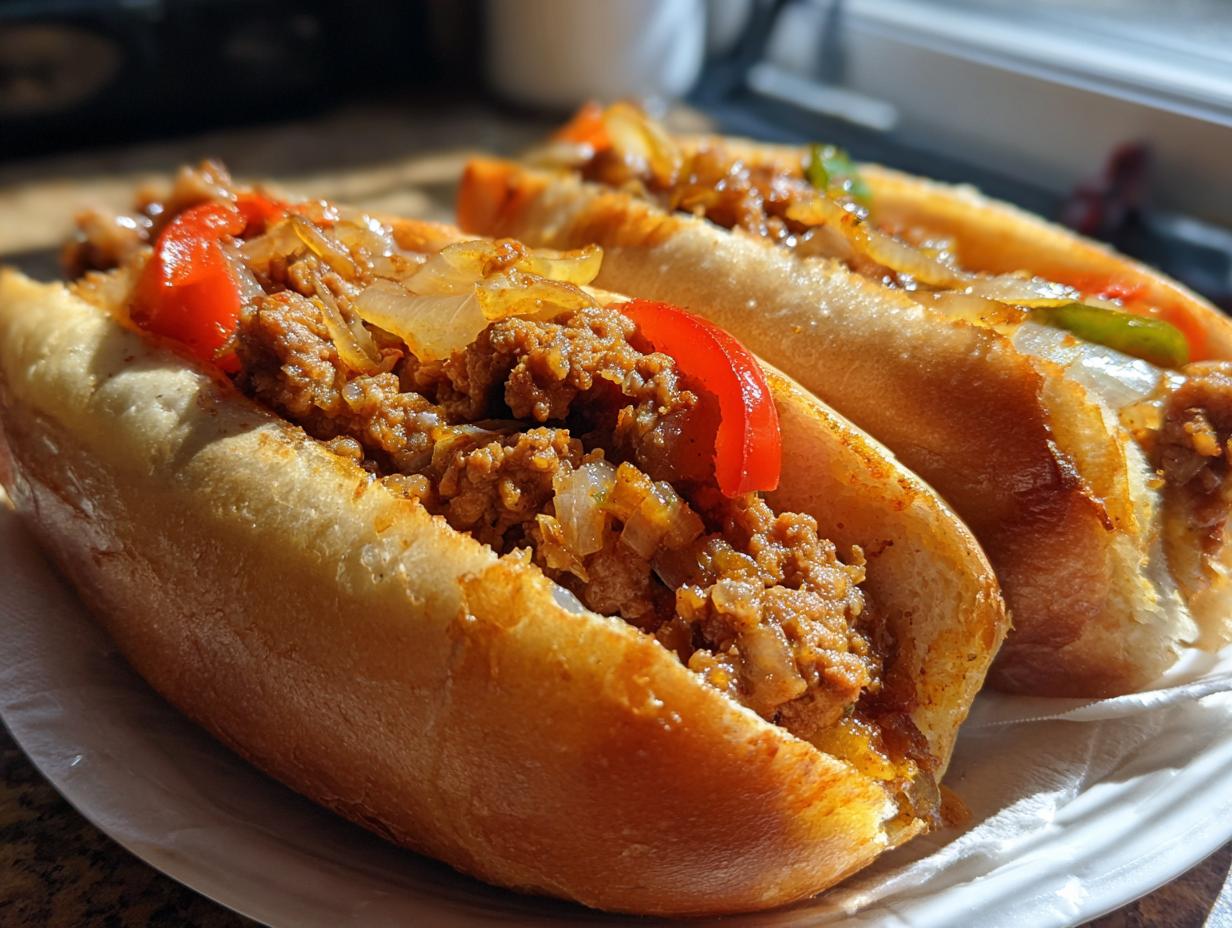 Close-up of two delicious sausage and peppers sandwiches, a perfect example of easy dinner recipes.