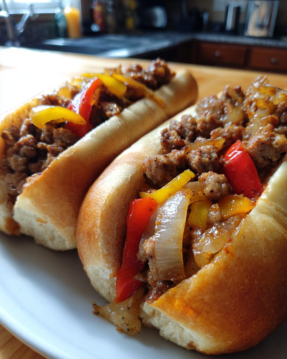 Two delicious sausage and peppers sandwiches, a perfect example of easy dinner recipes.