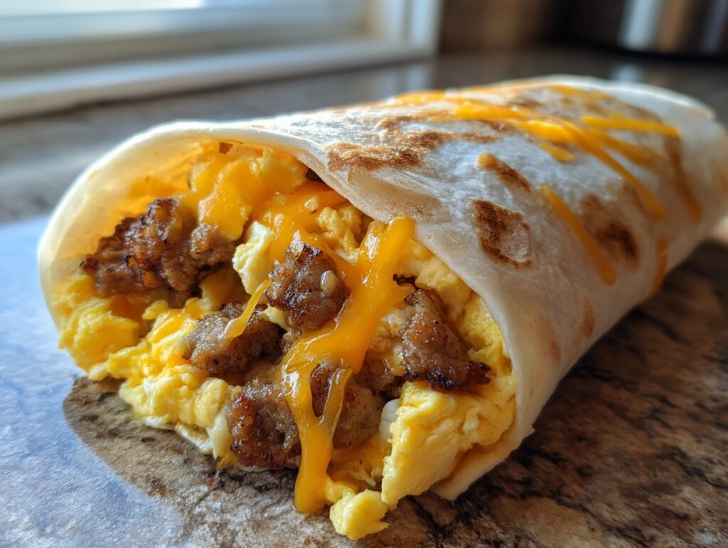 A close-up of a sausage breakfast burrito filled with scrambled eggs, sausage crumbles, and melted cheddar cheese.
