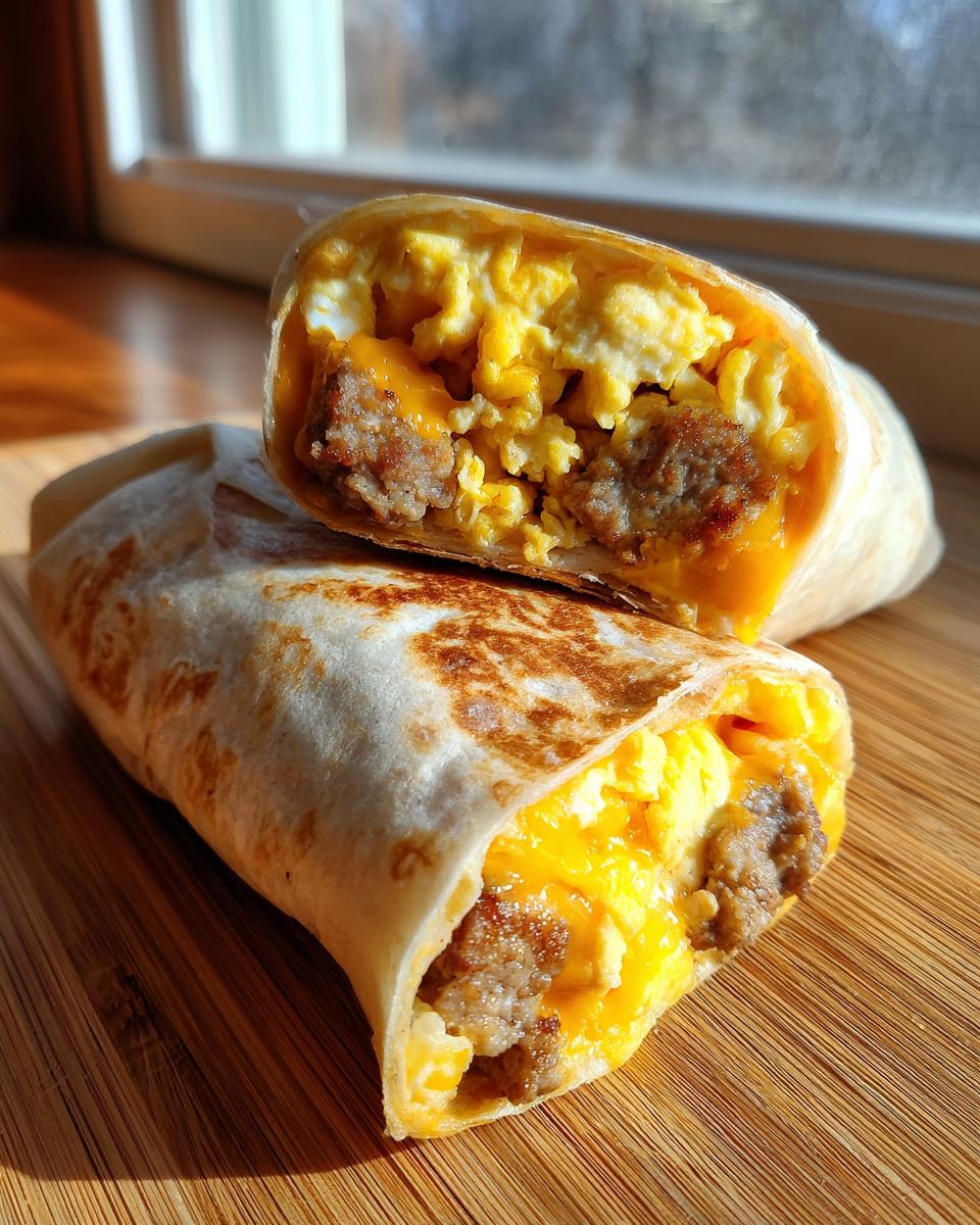 A close-up of a halved sausage breakfast burrito, revealing scrambled eggs, sausage, and melted cheese.