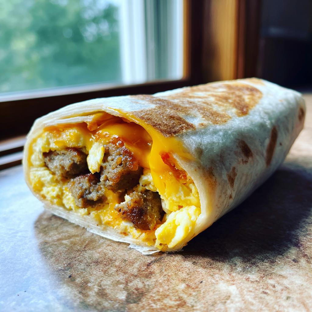 A close-up of a sausage breakfast burrito filled with scrambled eggs and melted cheese, perfect for freezer breakfast ideas.