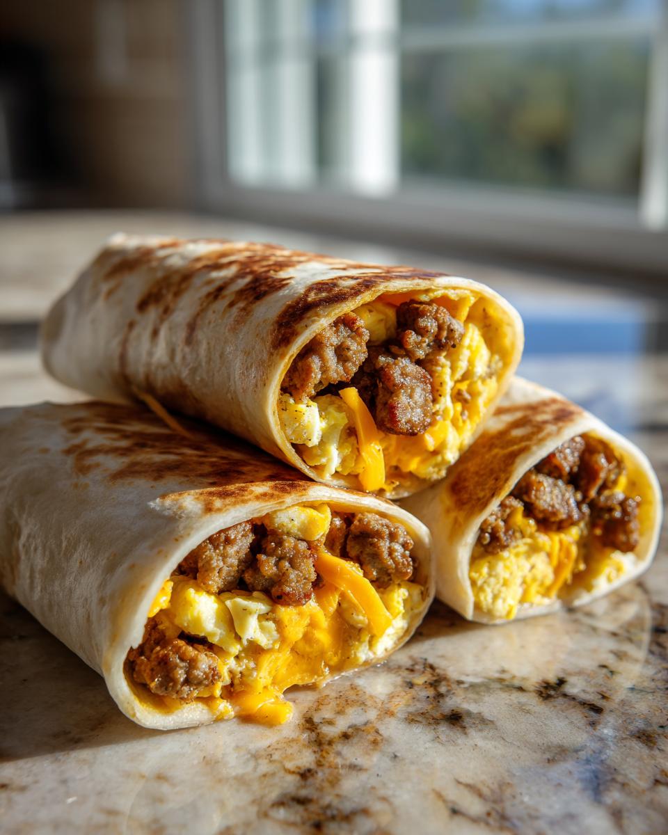Three hearty sausage breakfast burritos filled with scrambled eggs, sausage crumbles, and melted cheese, perfect for breakfast ideas.