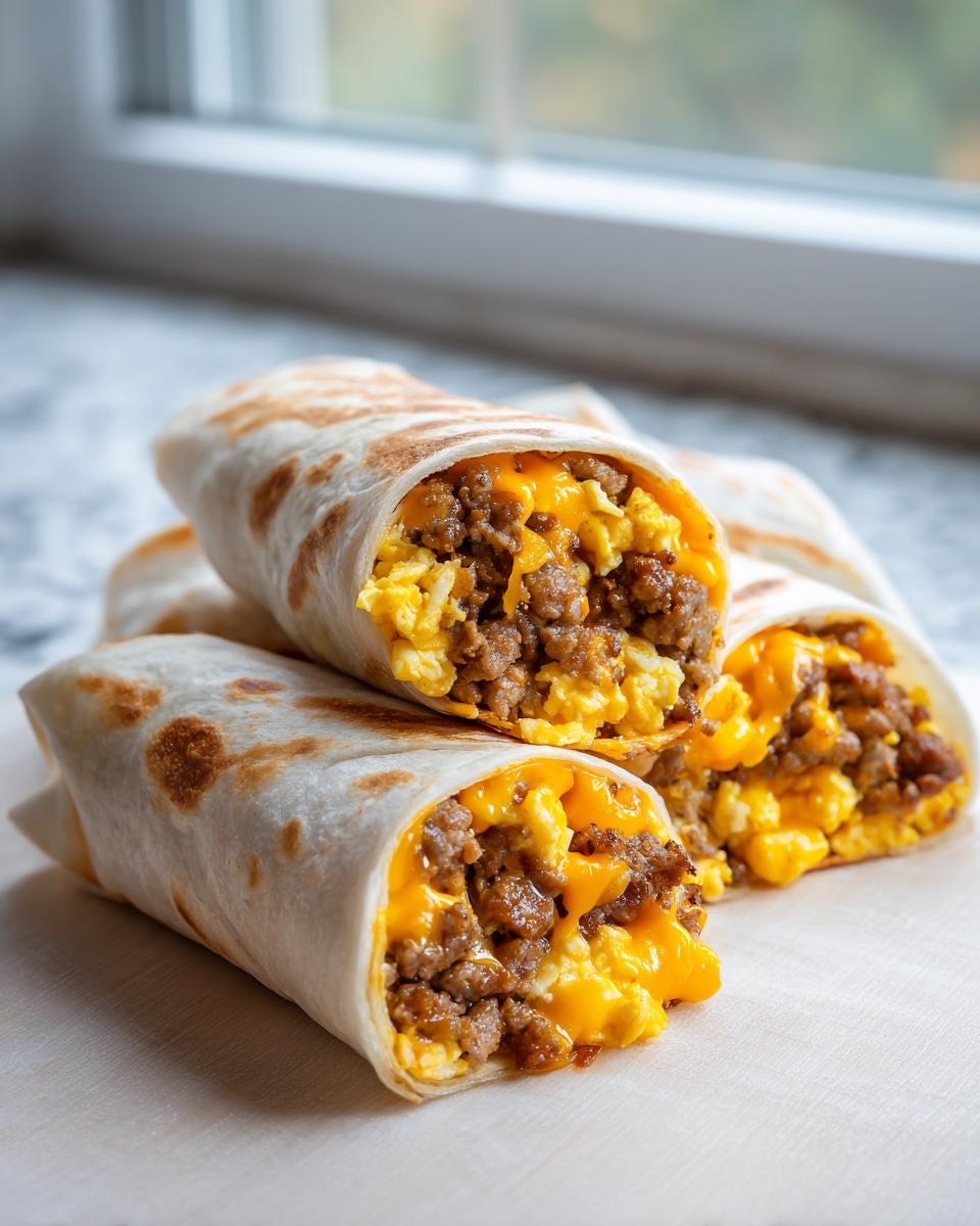 Close-up of several sausage breakfast burritos filled with scrambled eggs, sausage, and melted cheese.
