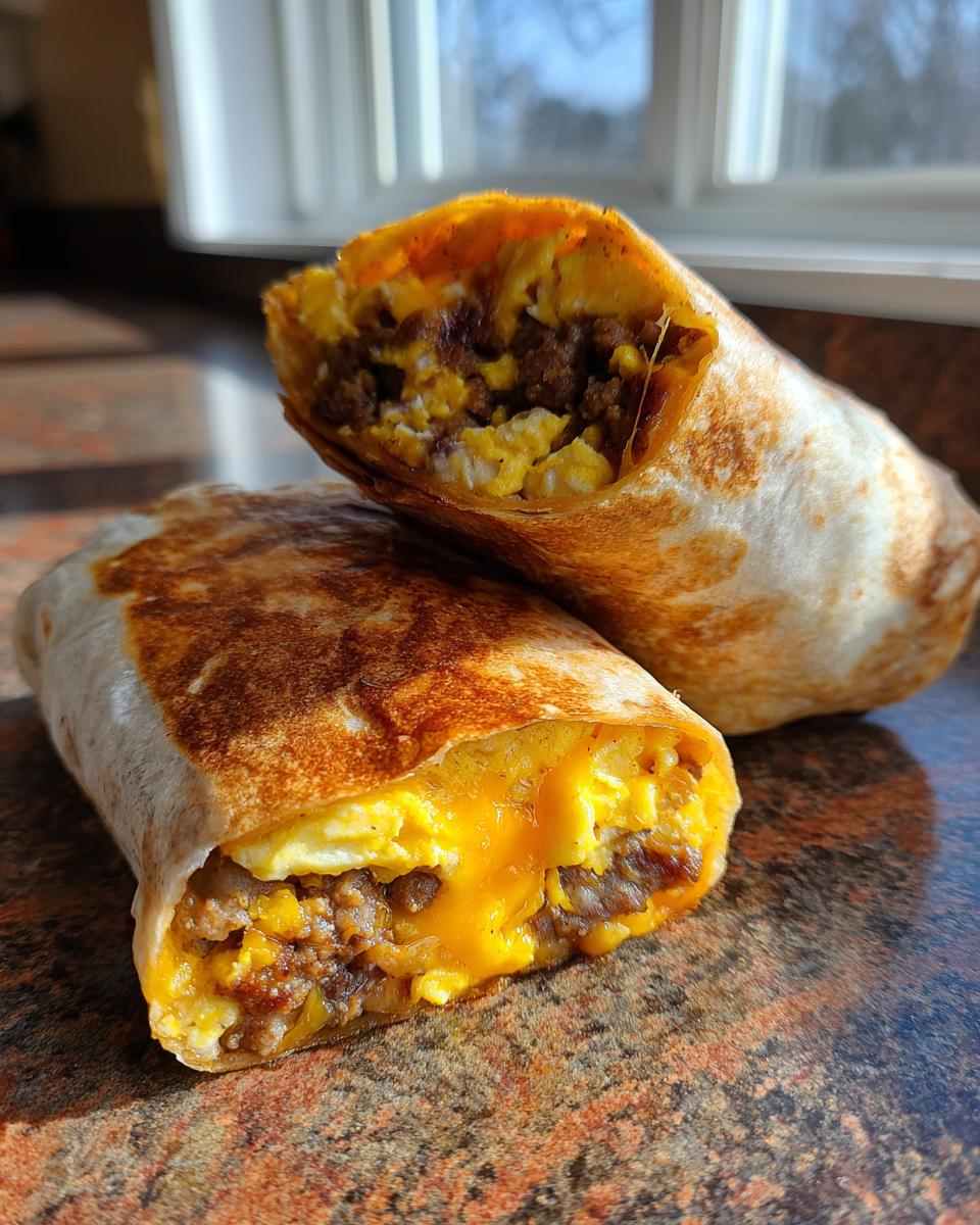 Close-up of two sausage breakfast burritos, one cut in half, showing scrambled eggs, sausage, and melted cheese.