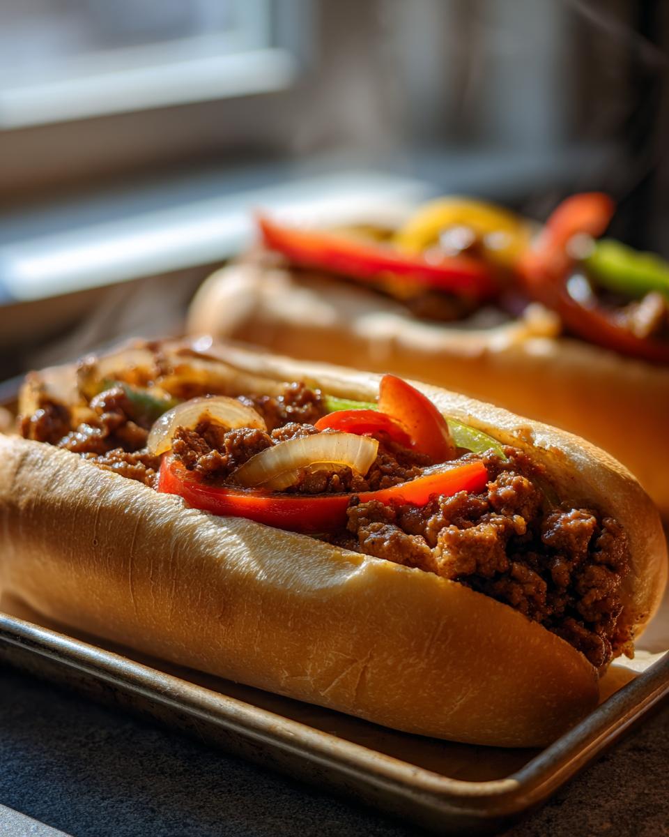 Close-up of a delicious sausage and peppers sandwich, a perfect example of easy dinner recipes.