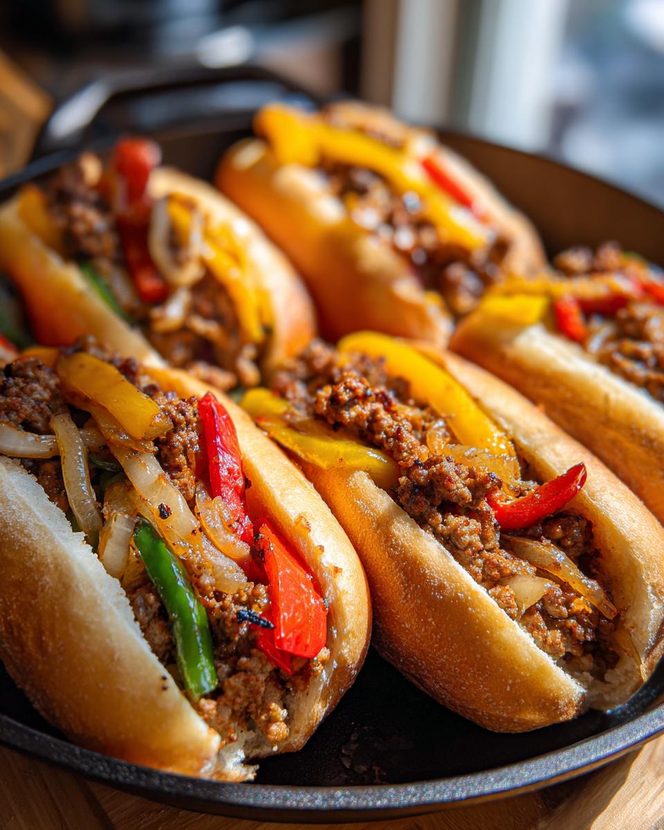 Close-up of several sausage and peppers subs in a cast iron skillet, showcasing the savory filling and colorful bell peppers.
