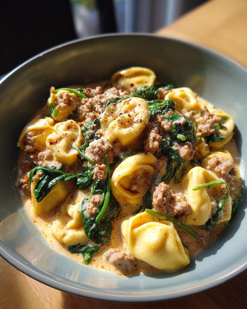A close-up of sausage spinach tortellini in a creamy sauce, a delicious pasta recipe.