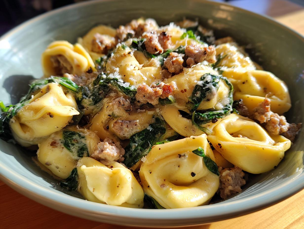 A bowl of creamy sausage spinach tortellini pasta, making the dish feel fancy.