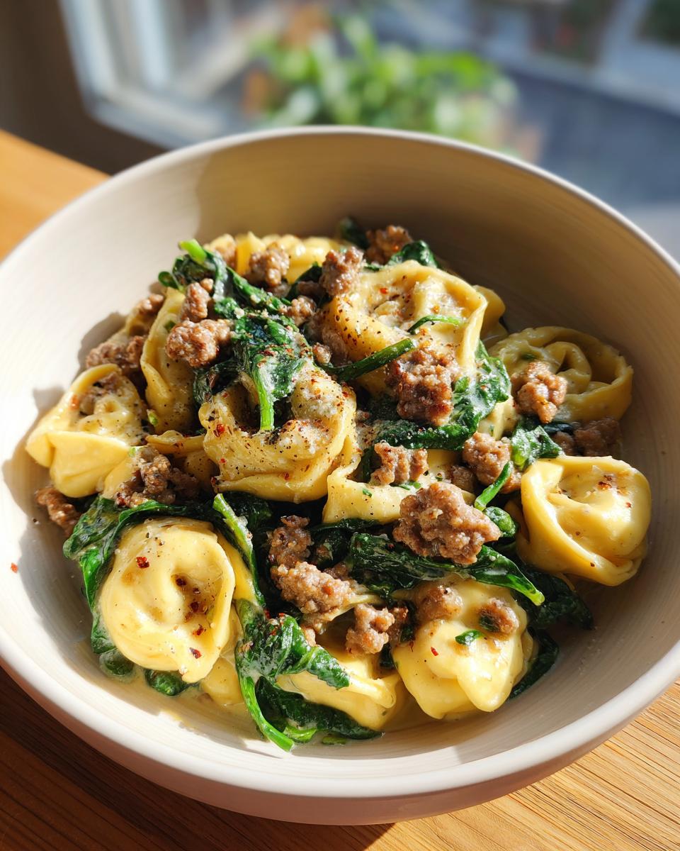 A close-up of a bowl filled with sausage spinach tortellini pasta, showcasing the creamy sauce and vibrant green spinach.