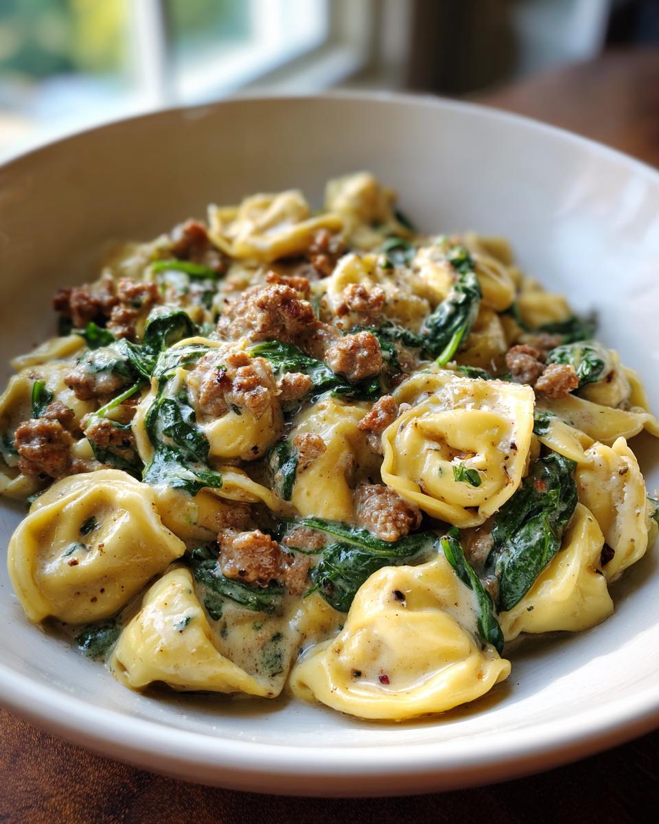 A close-up of sausage spinach tortellini pasta in a creamy sauce, showcasing the delicious ingredients.