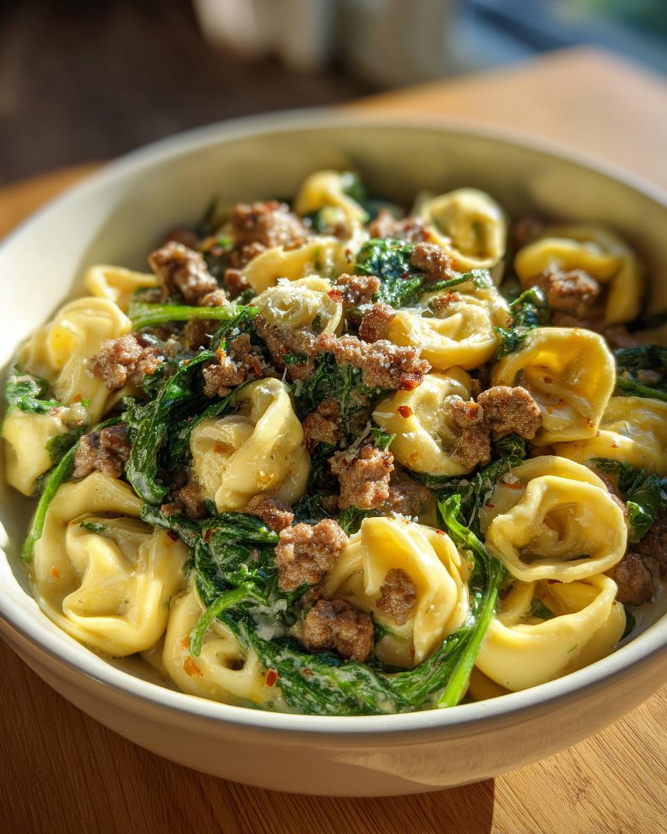 A close-up of a bowl filled with sausage spinach tortellini pasta, showcasing the creamy sauce and crumbled sausage.