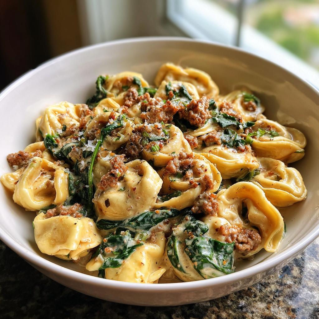 A bowl of sausage spinach tortellini pasta in a creamy sauce, topped with crumbled sausage and herbs.