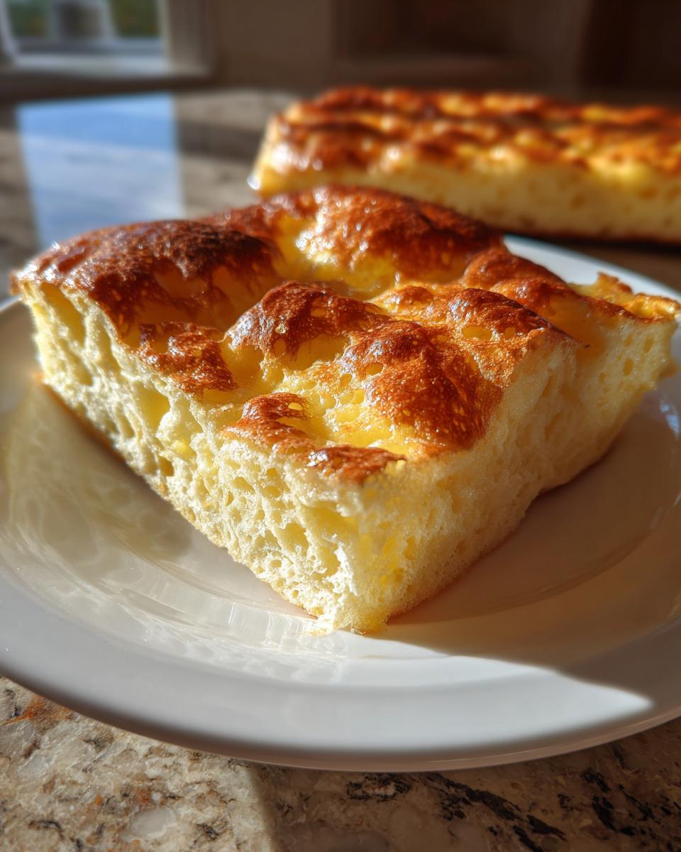 A slice of fluffy sheet pan pancakes on a white plate, ready for a busy morning breakfast.