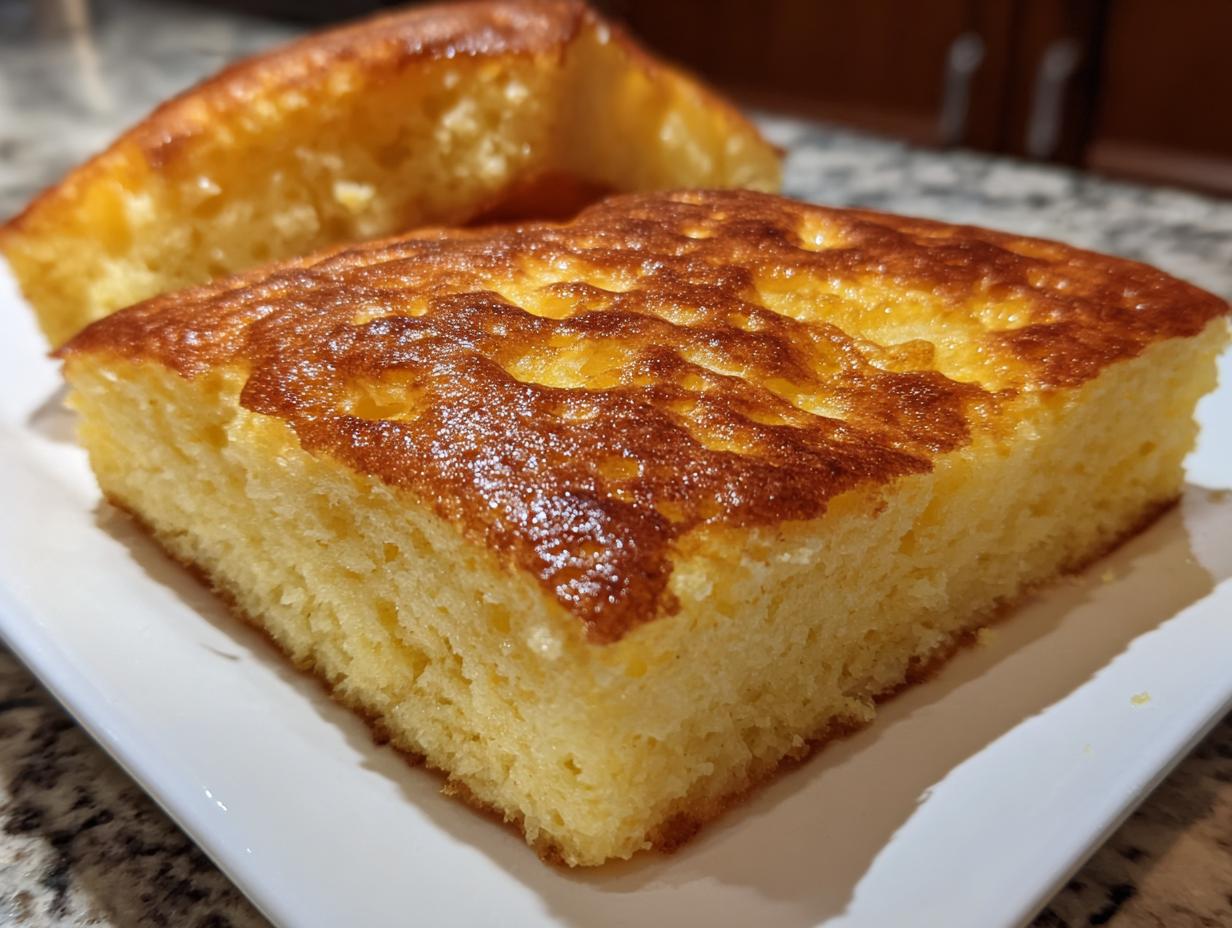 Close-up of a slice of golden-brown sheet pan pancakes, perfect for busy mornings.