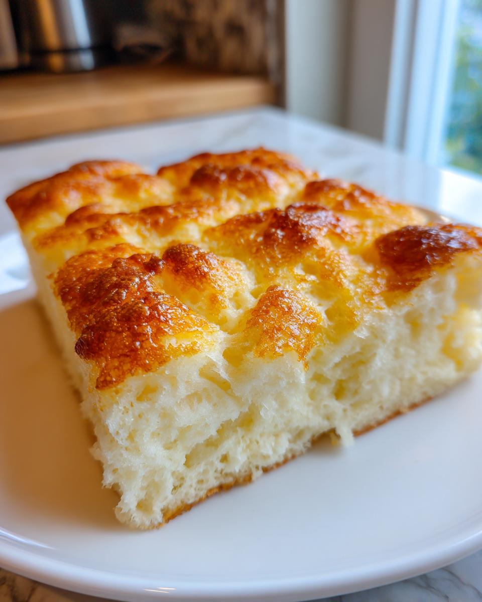 A close-up of a golden-brown slice of sheet pan pancakes, showcasing its fluffy texture.
