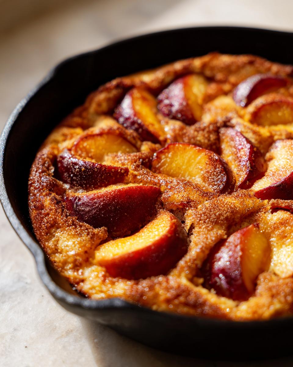 Close-up of a freshly baked skillet cake topped with juicy peach slices and a dusting of cinnamon.