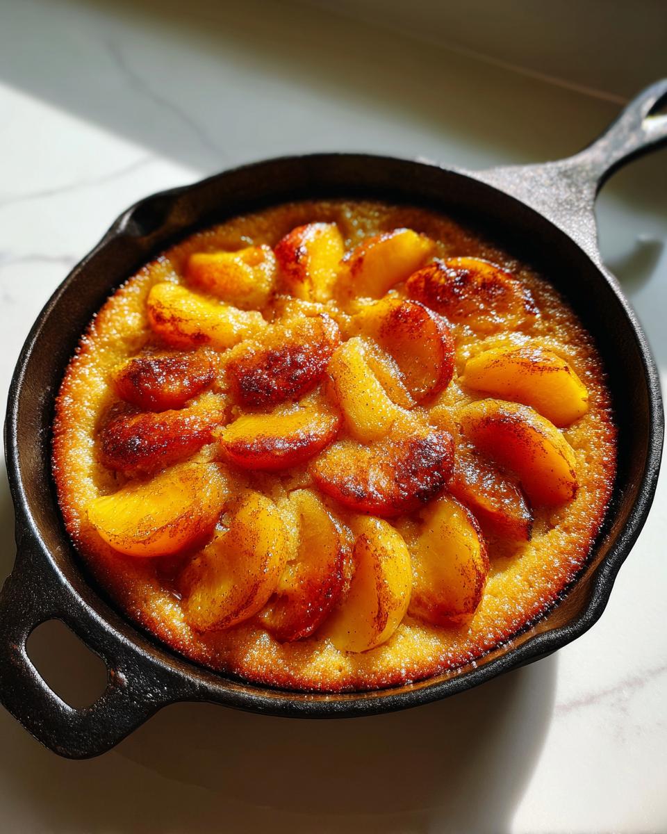 Close-up of a golden-brown skillet cake topped with caramelized peach slices, showcasing soft summer fruit.