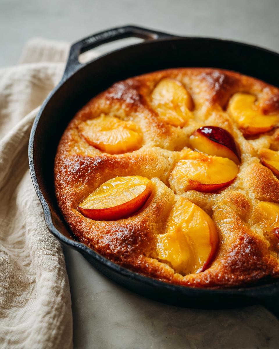 A golden-brown skillet cake baked with soft summer fruit, featuring juicy peach slices on top.