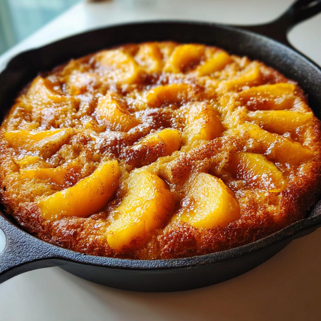 Close-up of a golden-brown skillet cake topped with glistening slices of soft summer fruit, likely peaches.