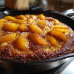 Close-up of a skillet cake topped with soft summer fruit and dusted with powdered sugar.