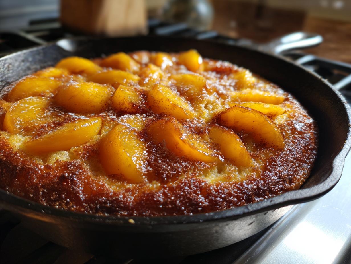 Close-up of a skillet cake topped with soft summer fruit and dusted with powdered sugar.