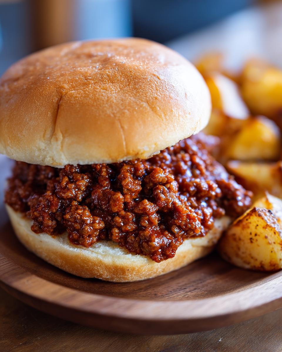 A close-up of a sloppy joe sandwich on a bun, served with crispy potato wedges on a wooden plate.