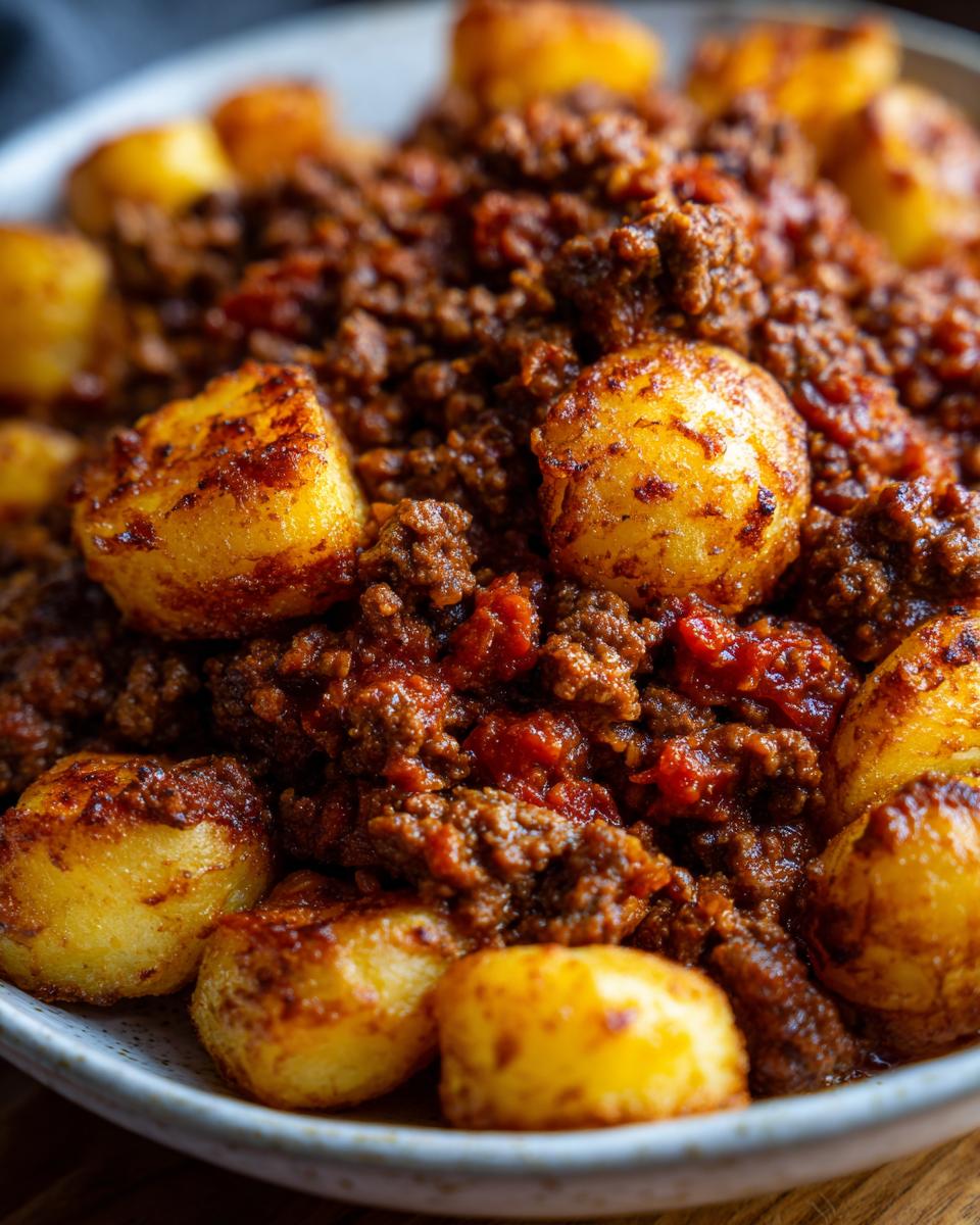 Close-up of a bowl filled with ground beef sloppy joe mixture and crispy potato chunks.