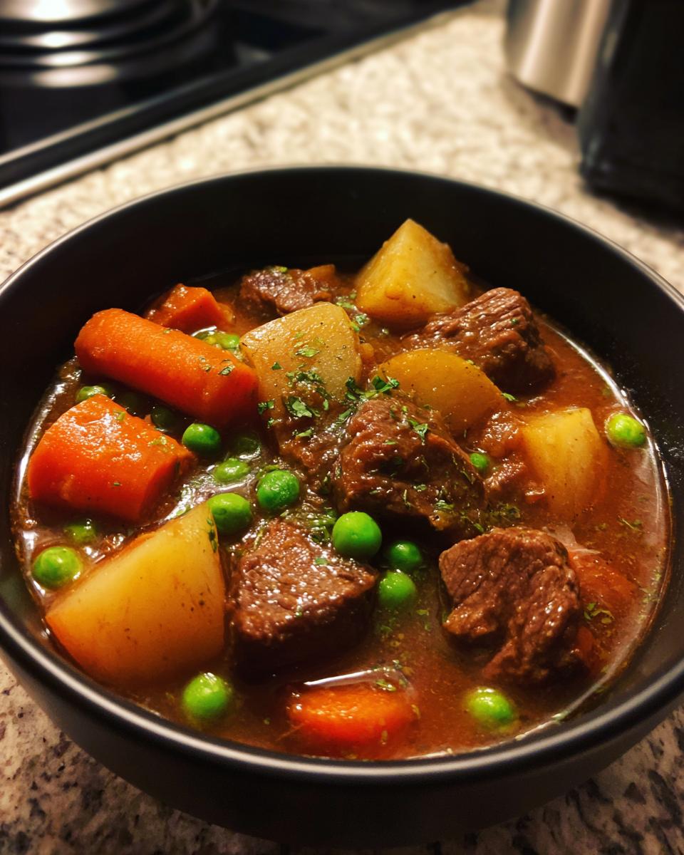 A hearty bowl of beef stew made with slow cooker recipes, featuring tender beef chunks, potatoes, carrots, and peas, garnished with parsley.