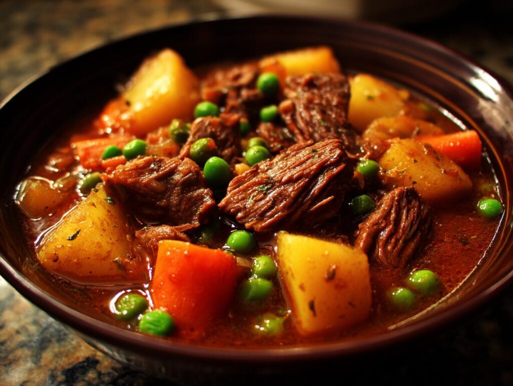 Close-up of a hearty bowl of beef stew with tender chunks of beef, potatoes, carrots, and peas in a rich gravy.