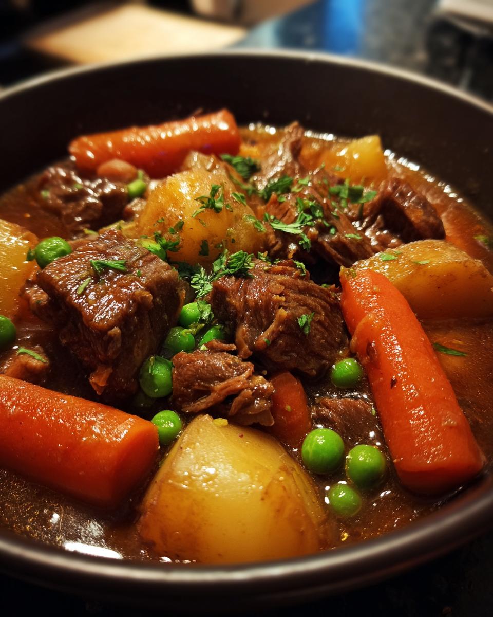 A close-up of a bowl of rich slow cooker beef stew, featuring tender beef chunks, carrots, potatoes, and peas, garnished with parsley.