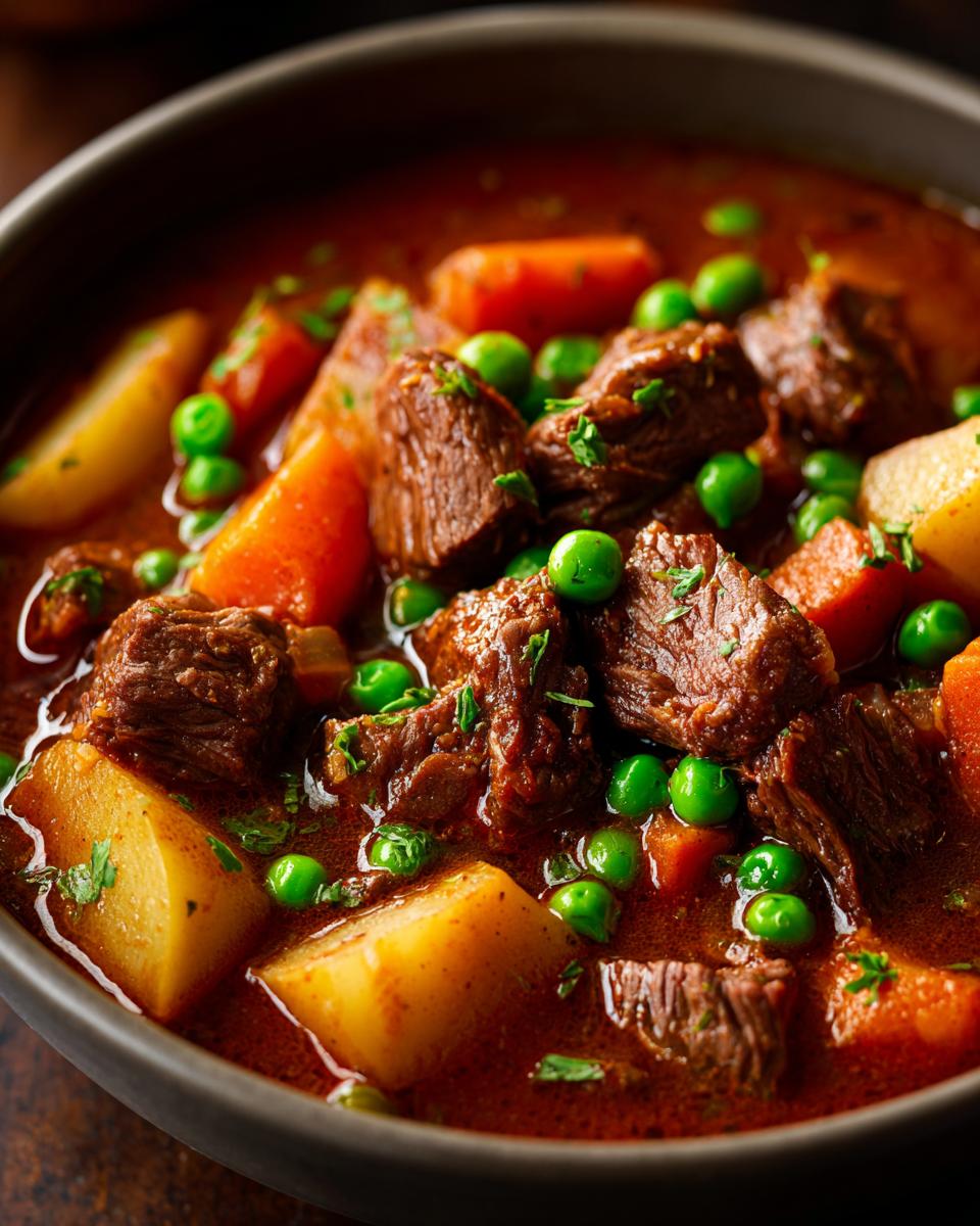 Close-up of a hearty beef stew with tender beef chunks, potatoes, carrots, and peas in a rich broth.