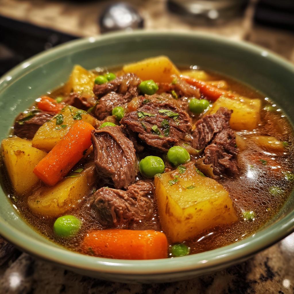 A close-up of a hearty bowl of beef stew, featuring tender beef chunks, potatoes, carrots, and peas in a rich broth.